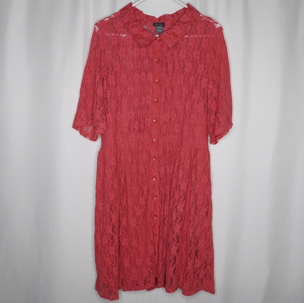 Y2K Dots Sheer Pink Lace Babydoll‎ Full Button Midi Dress 1X Collar Whimsigoth